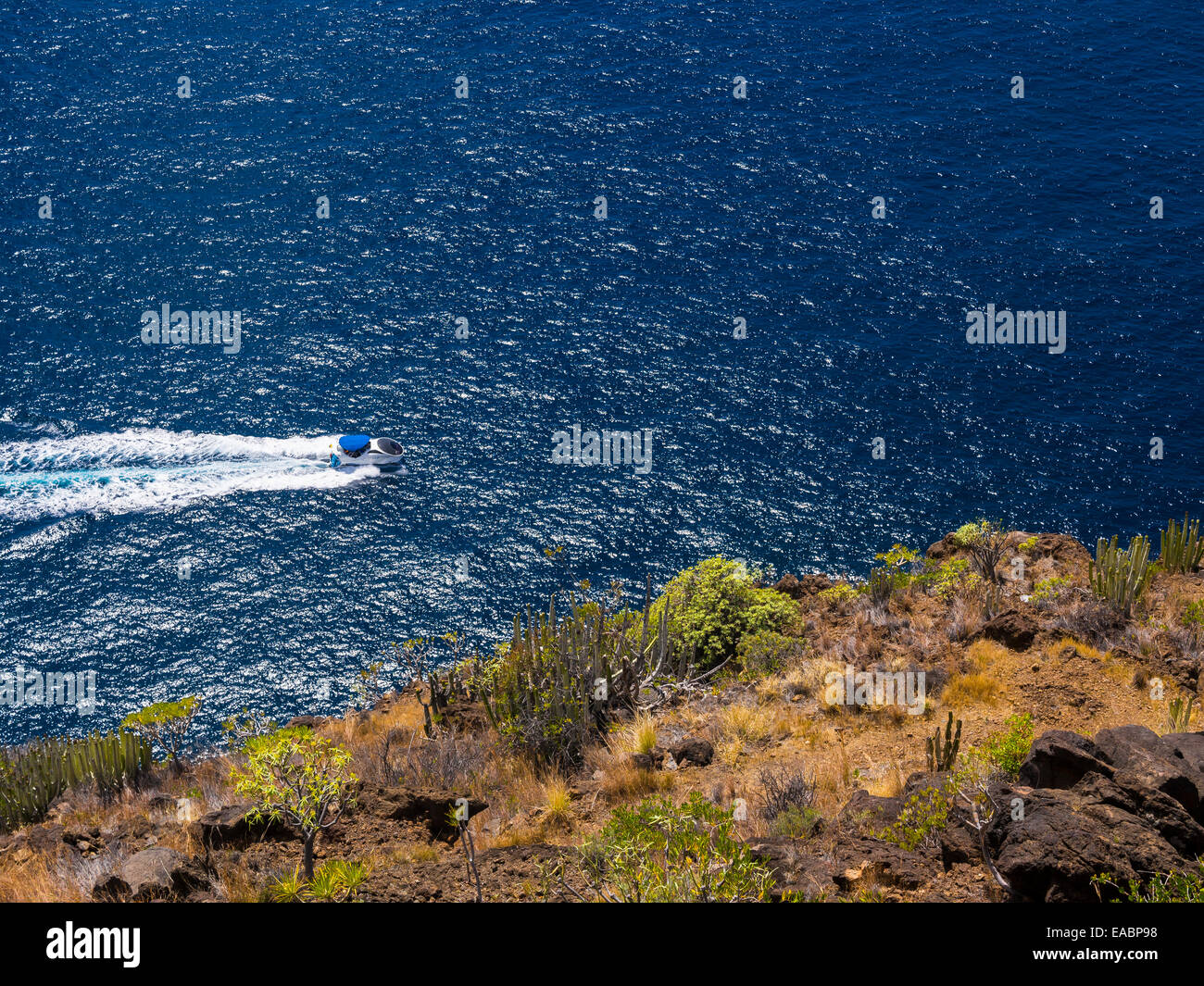 Spain Canary Islands La Palma Tijarafe Camino del Prois Speed boat Stock Photo