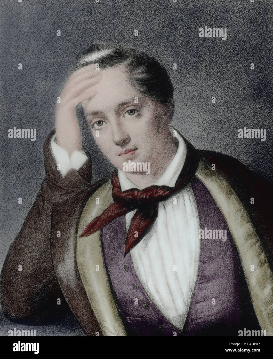 Yevgeny Baratynsky (1800-1844). Russian poet. Romanticism style. Portrait. Engraving. Colored. Stock Photo
