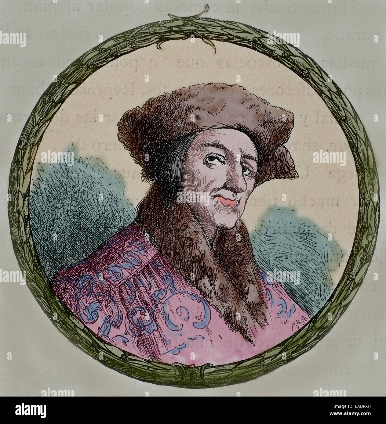 Johann Baptist Fischart (c. 1545-1591). German satirist and publicist. Portrait. Engraving. Colored. Stock Photo