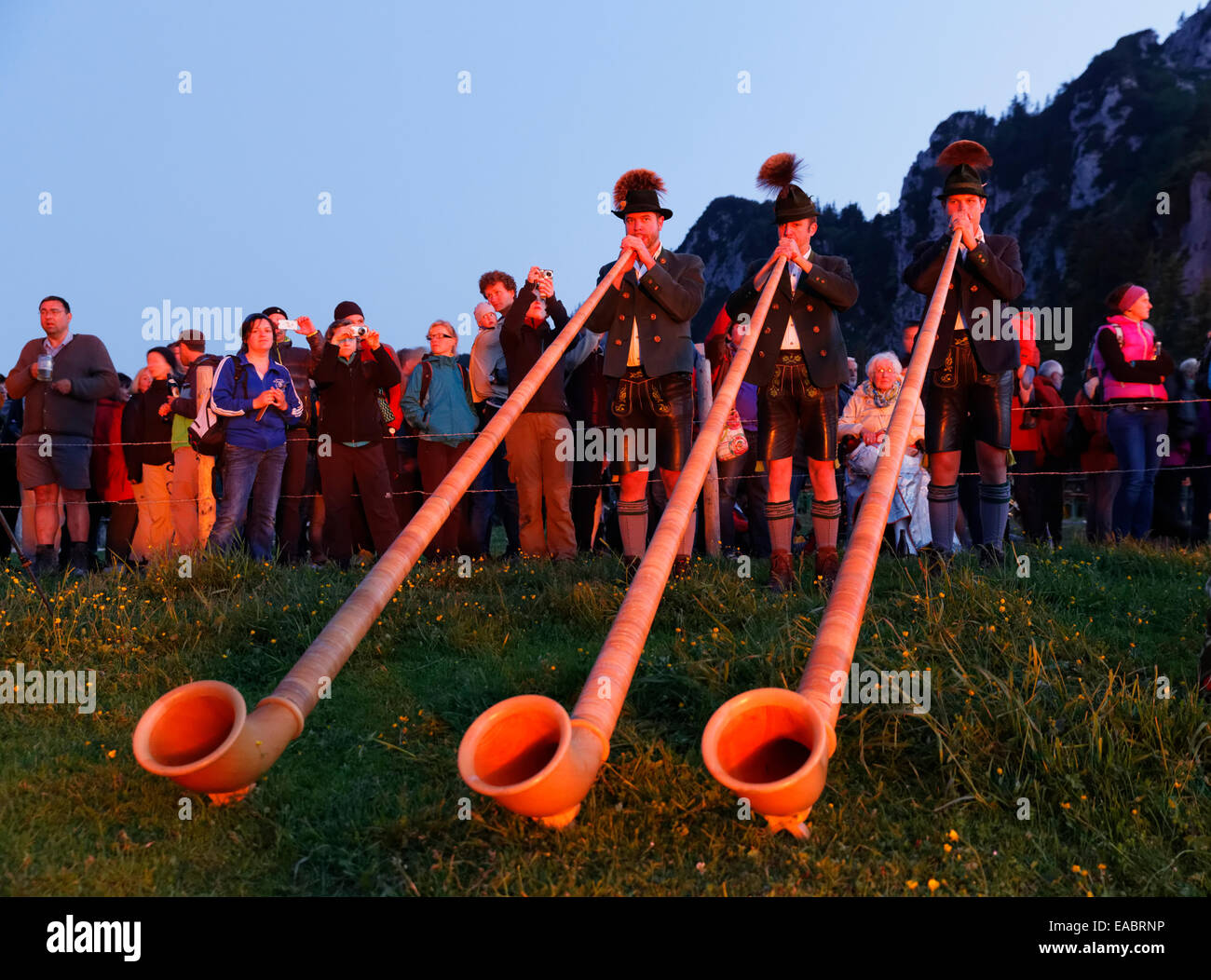 Germany Bavaria Upper Bavaria Chiemgau Alps Kampenwand Midsummer Festival Alphorn blowers Stock Photo