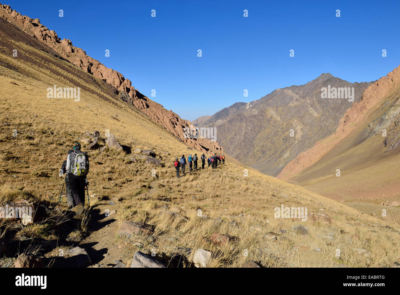 Iran Mazandaran Province Alborz Mountains Alam Kuh area Takht-e Suleyman Massif group of people hiking on Hezarsham plateau Stock Photo