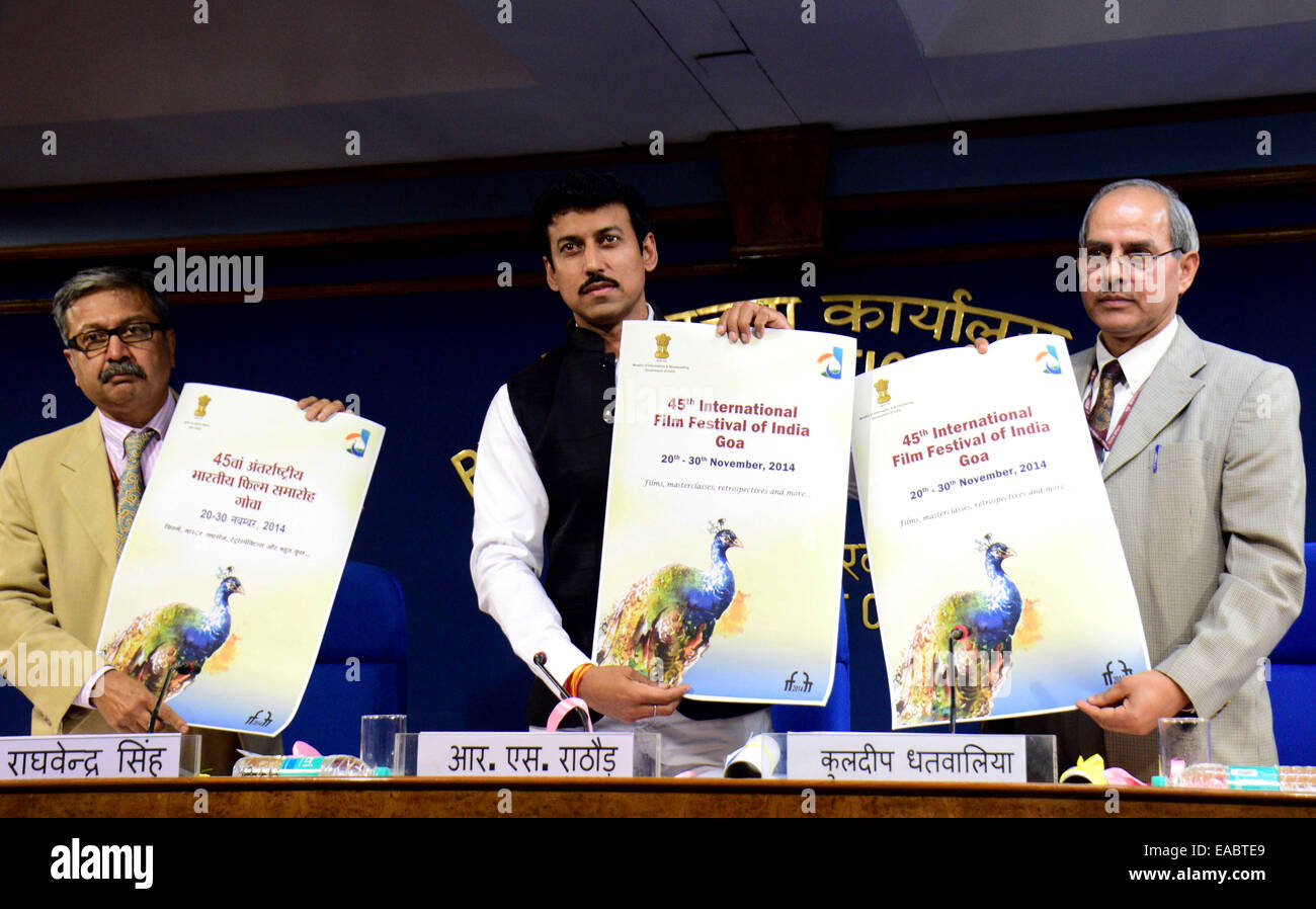 New Delhi, India. 11th Nov, 2014. Indian Minister of State for Information and Broadcasting Rajyavardhan Singh Rathore (C) and senior ministry officials release the poster of 45th International Film Festival of India during a press conference in New Delhi, India, on Nov. 11, 2014. The 45th International Film Festival of India will be held in Goa from Nov. 20 to 30. © Partha Sarkar/Xinhua/Alamy Live News Stock Photo