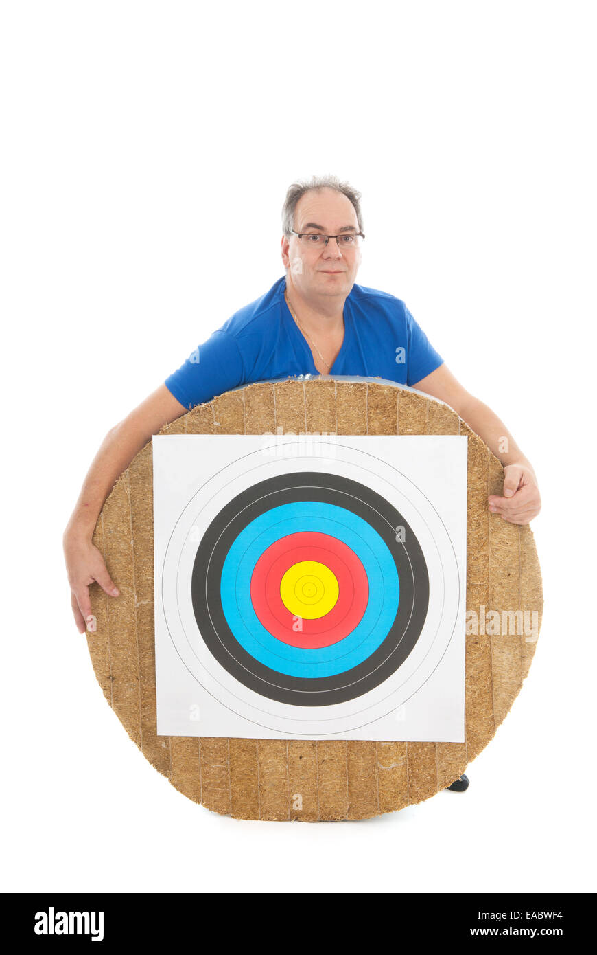 Adult man behind archery target isolated over white background Stock ...