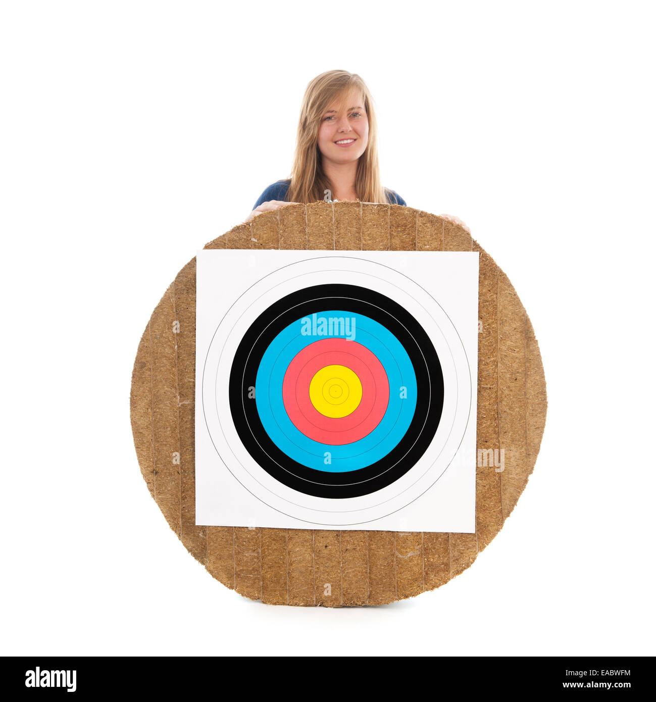 Teen girl behind archery target isolated over white background Stock ...