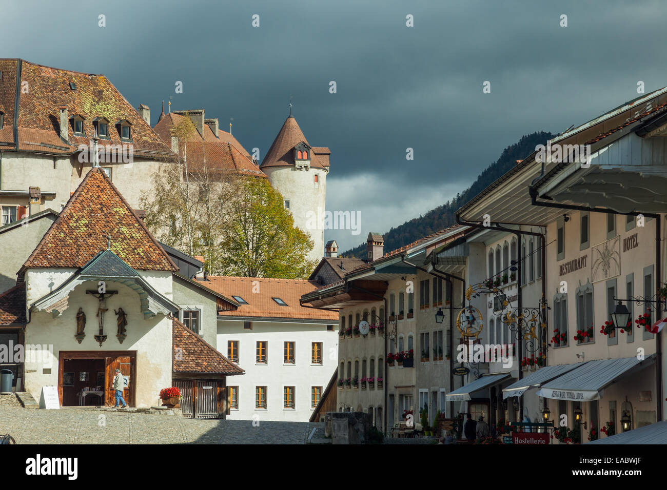 Afternoon in Gruyères, canton of Fribourg, Switzerland. Stock Photo