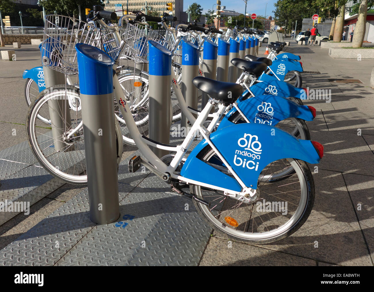 Malaga spain, Row of blue Malaga Bici, public bicycles renting system station in Malaga, Andalusia, Spain. Stock Photo