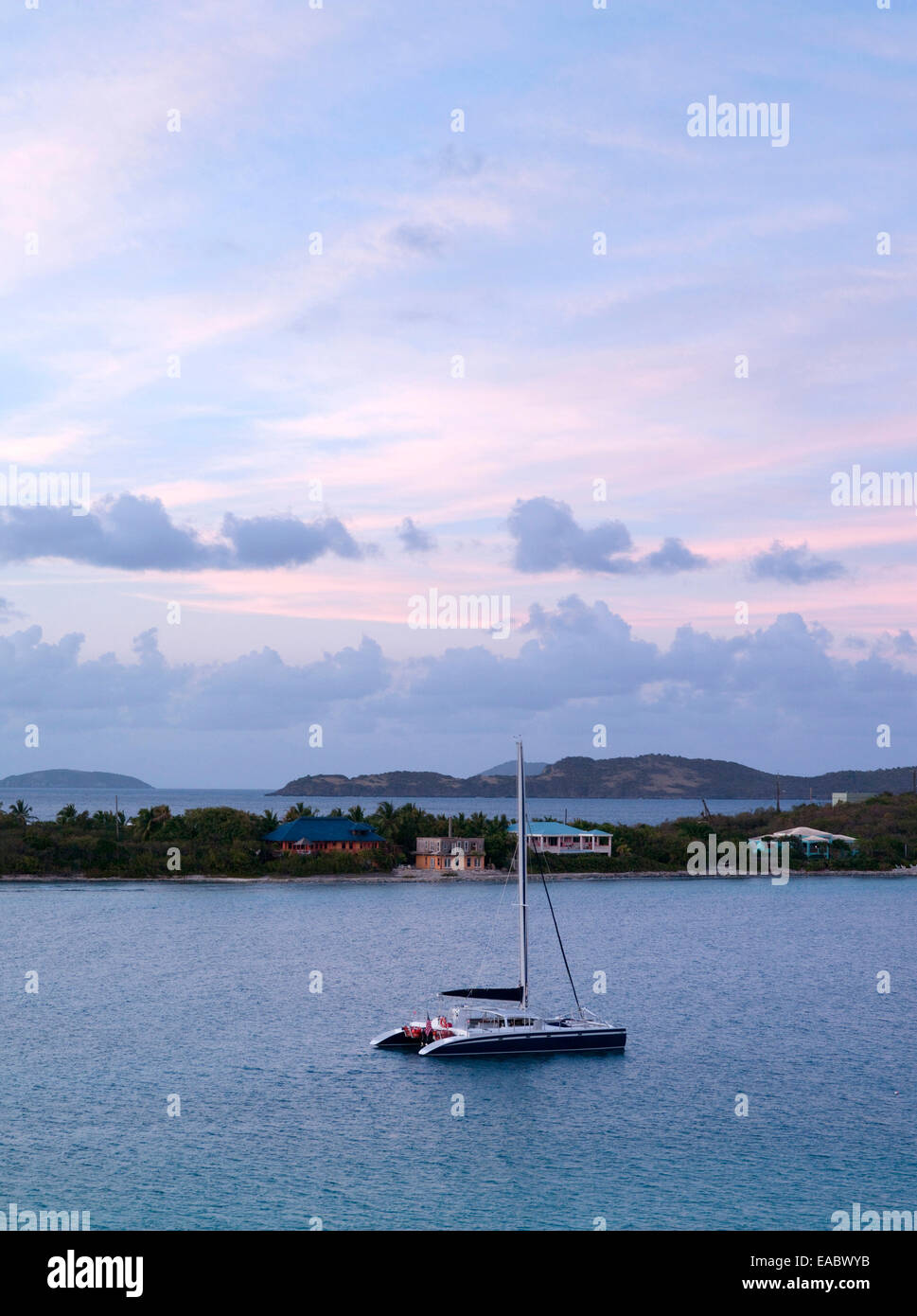 Caribbean bay in St. Thomas with catamaran Stock Photo