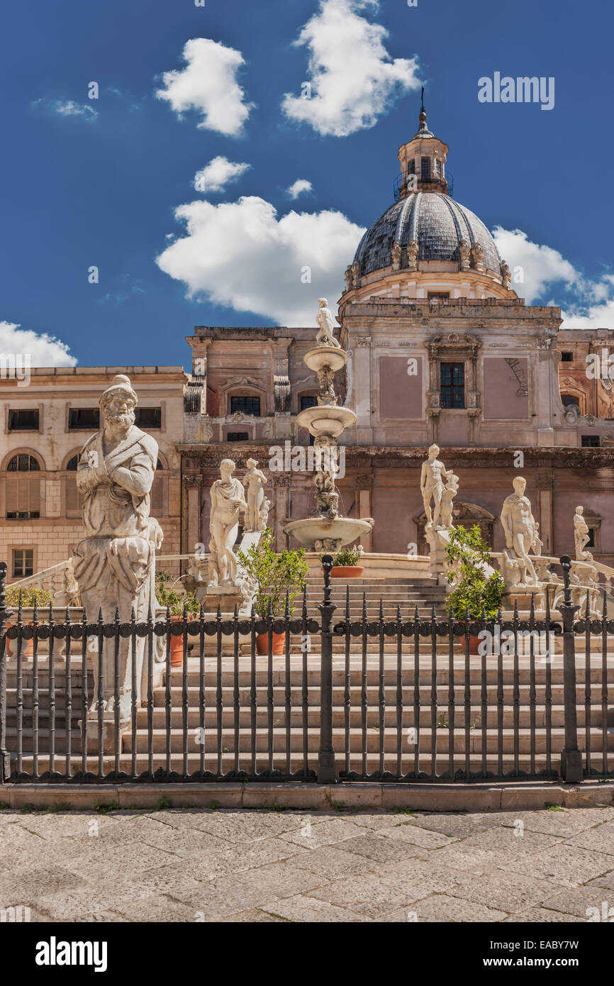 Fountain at the Piazza Pretoria (Piazza della Vergogna), Palermo, Sicily, Italy, Europe Stock Photo
