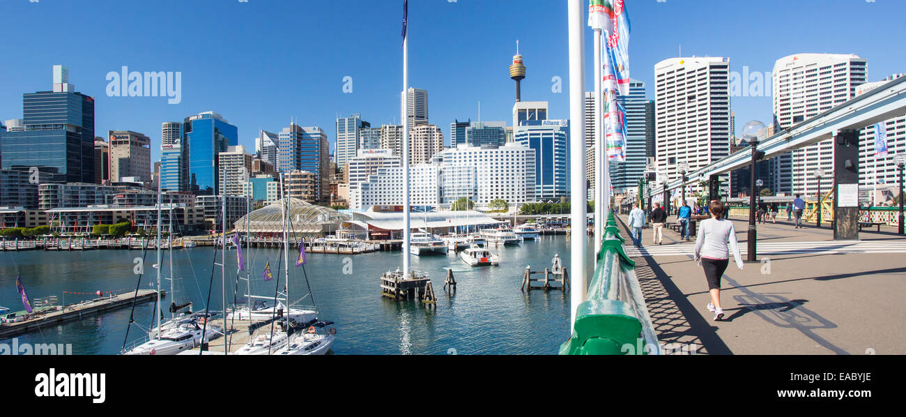 View of Sydney CBD and boats moored in Darling Harbour, Sydney, New South Wales, Australia Stock Photo