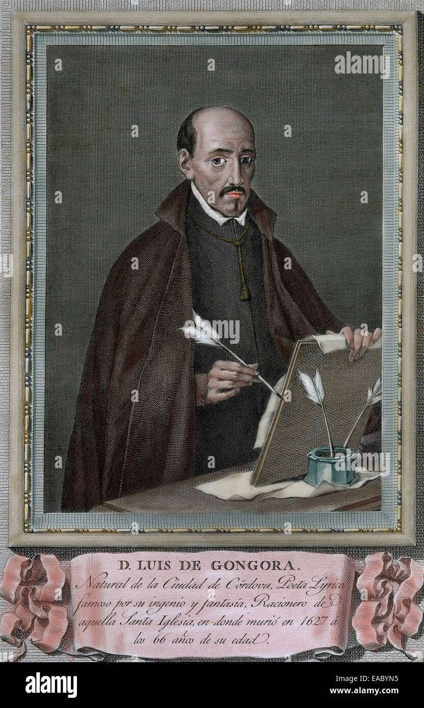 Luis de Gongora (1561-1627). Spanish Baroque lyric poet. Literary movement, culteranismo. Engraving. Colored. Stock Photo