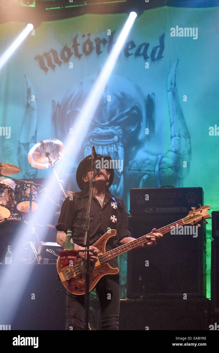 Munich, Germany. 10th Nov, 2014. The lead singer of Motörhead, Lemmy Kilmister, performs with his band in the Zenith-Halle in Munich, Germany, 10 November 2014. Photo: Felix Hoerhager/dpa/Alamy Live News Stock Photo