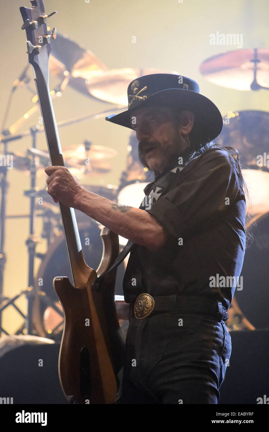 Munich, Germany. 10th Nov, 2014. The lead singer of Motörhead, Lemmy Kilmister, performs with his band in the Zenith-Halle in Munich, Germany, 10 November 2014. Photo: Felix Hoerhager/dpa/Alamy Live News Stock Photo