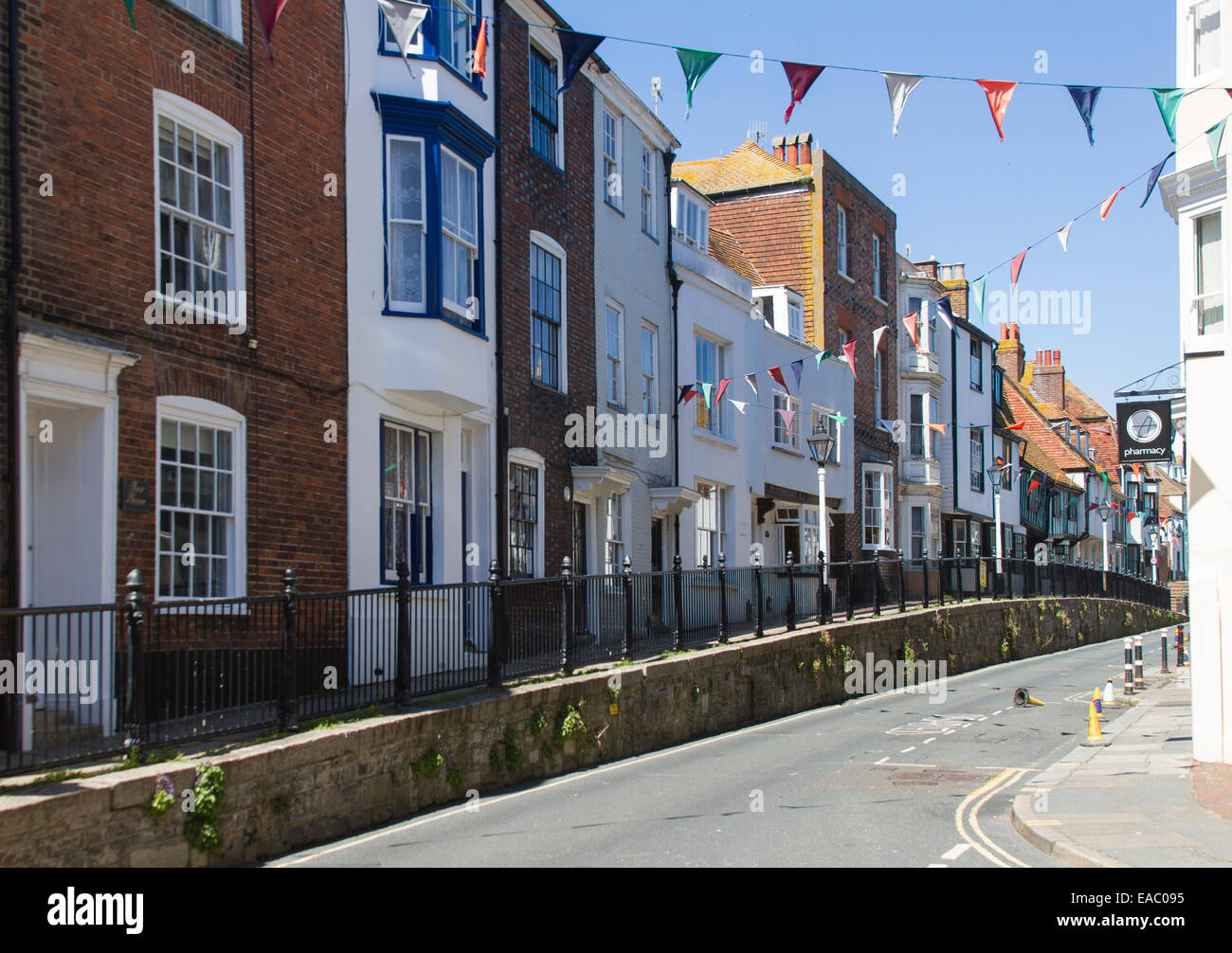 The old buildings of High Street in the Hastings Old Town area Stock