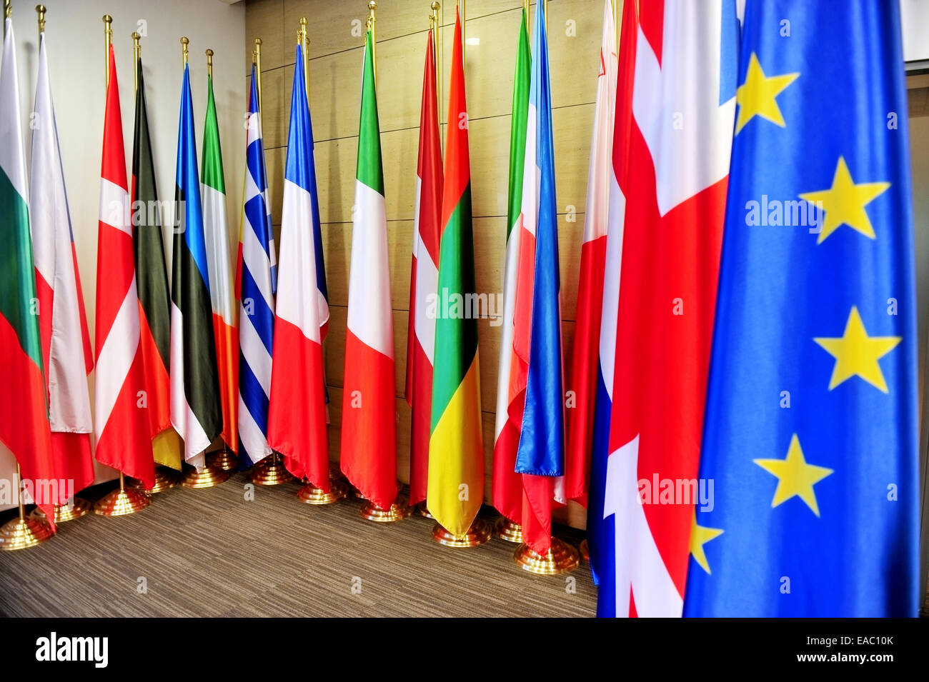 Detail shot with flags of the European Union member states Stock Photo