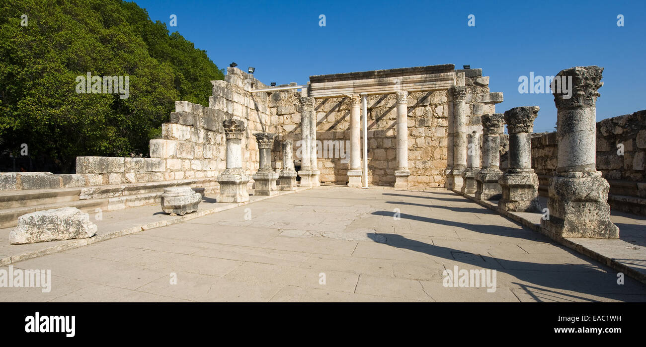 The ruins of the synagogue in the small town Capernaum on the coast of ...
