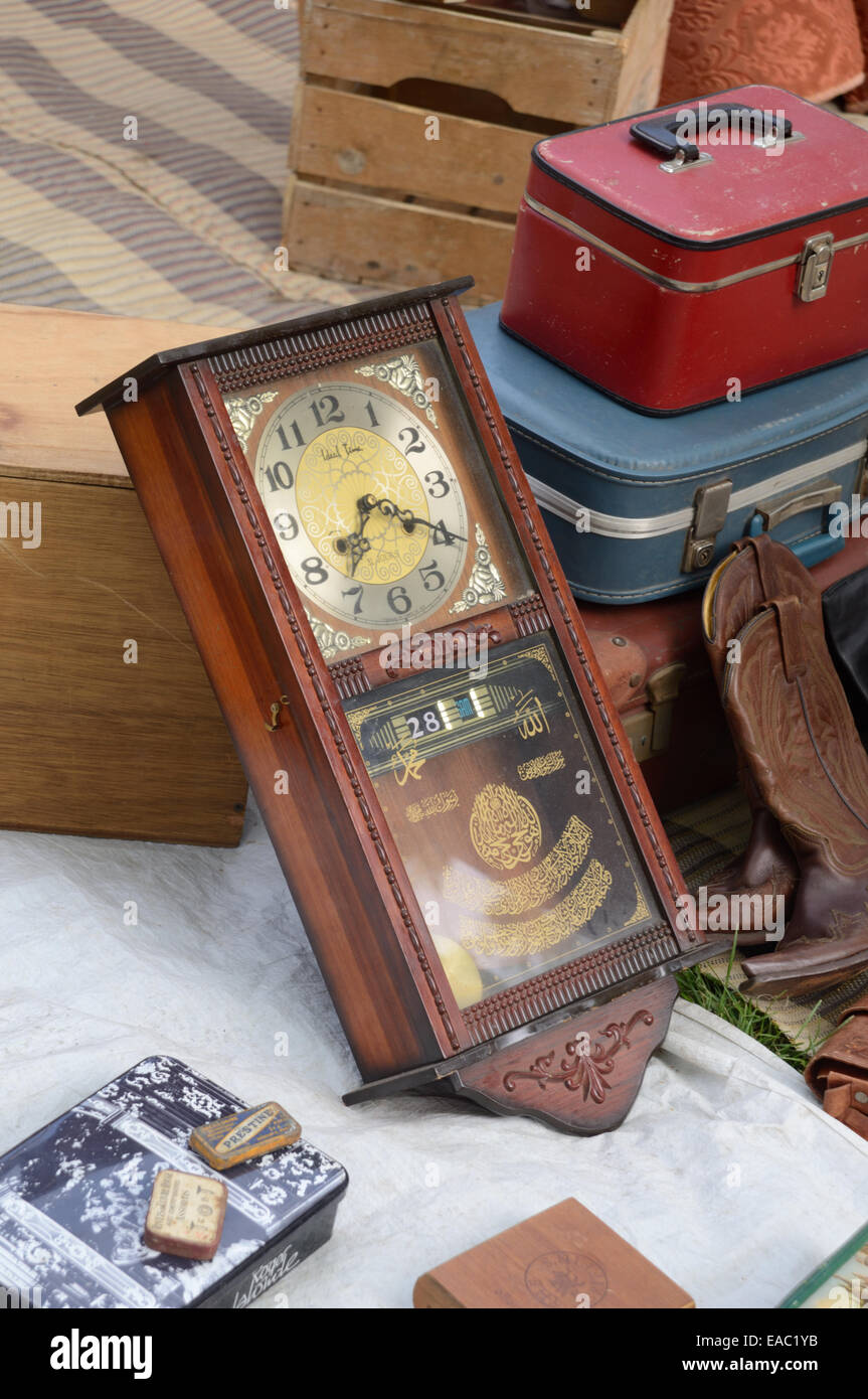 Antique Wall Clock & Luggage for Sale at Antiques Fair Car Boot Sale or Antique Market or Brocante in Provence France Stock Photo