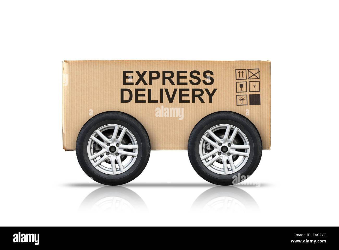 Cardboard box with standard signs and Express Delivery label on automotive wheels isolated on white background Stock Photo