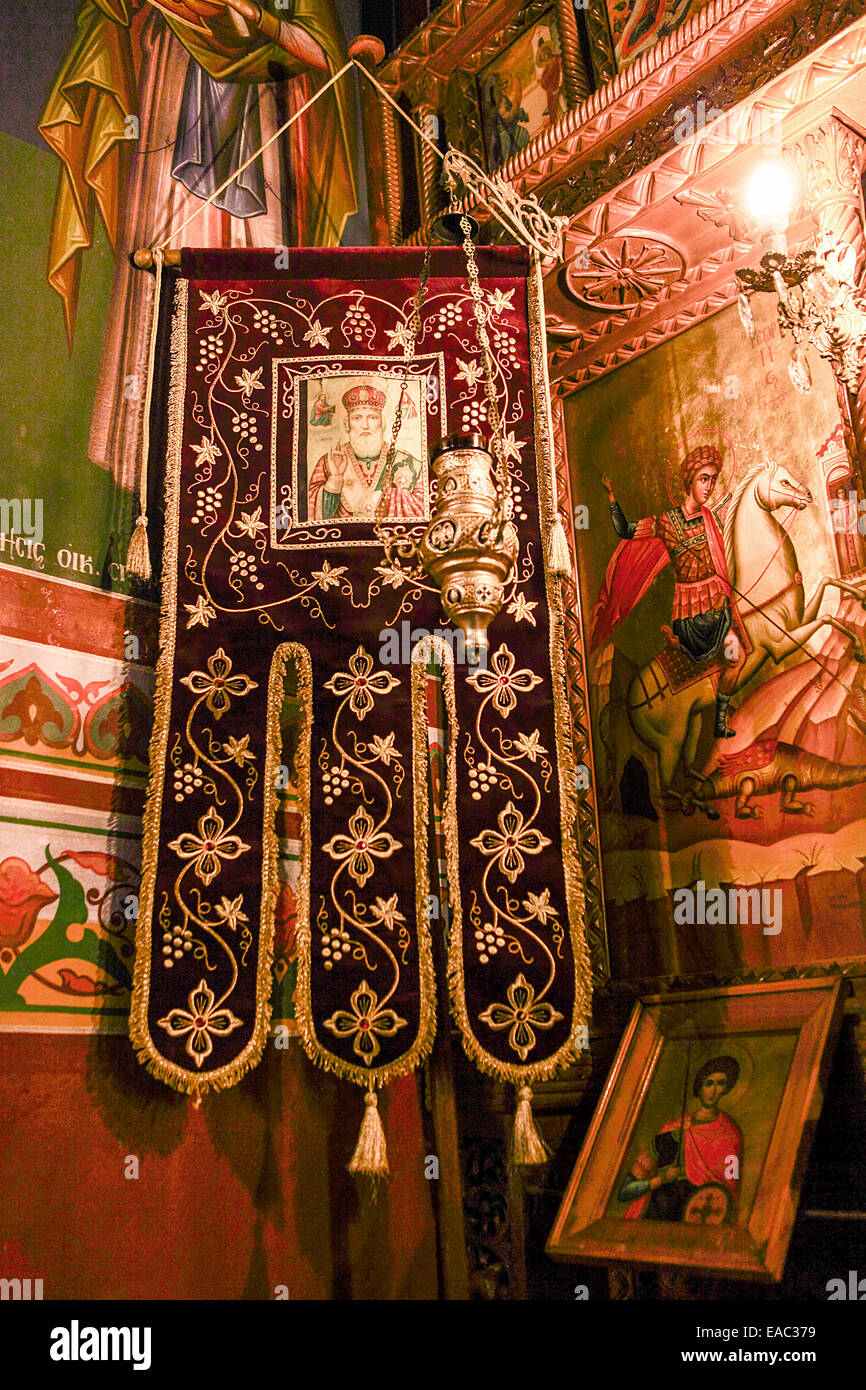 Internal view of religious artifacts set within Greek Church in Parga Town in mainland Greece