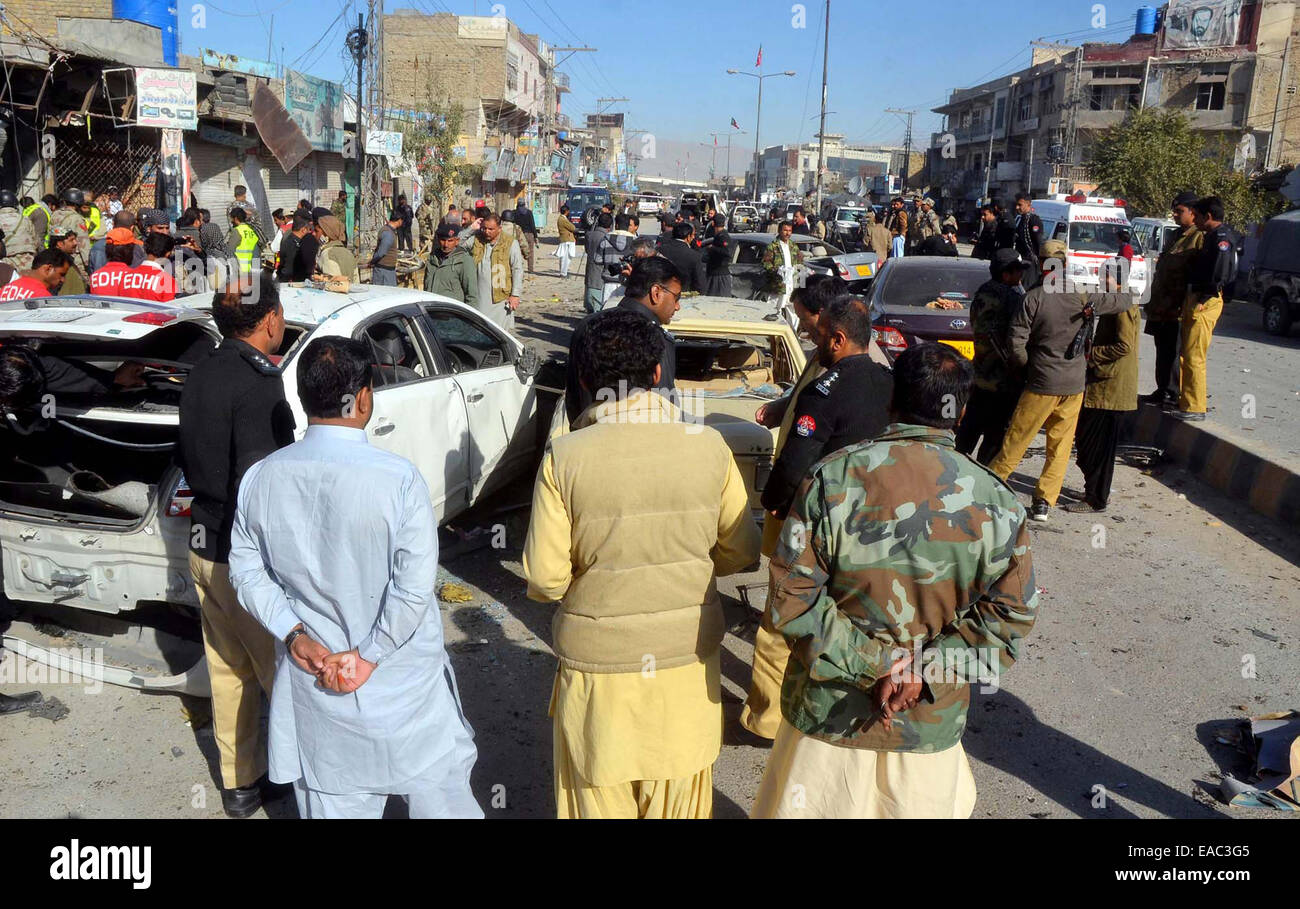 View of venue after a bomb blast as the Anti-terrorism court judge Nazeer Lango was the target of the attack. The judge survived the explosion while his car was damaged in the attack, at Double-Road of Quetta on Tuesday, November 11, 2014. Two people were killed and 27 others injured in explosion which ripped through the locality, completely damaging several cars and shops in the area. Around 25 kilograms of explosives were planted in a Suzuki Alto which was parked near the shops. Credit:  Asianet-Pakistan/Alamy Live News Stock Photo