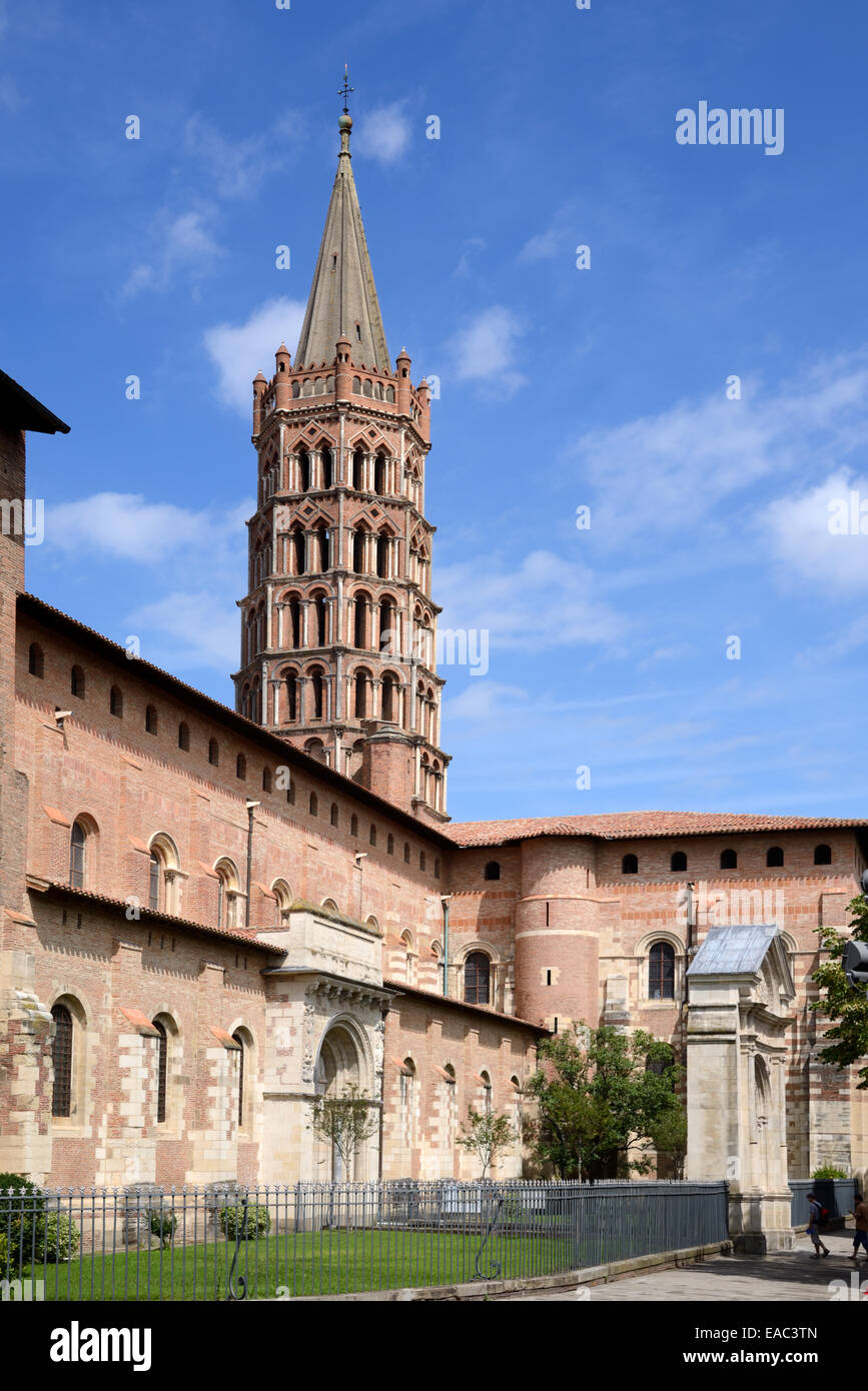 Romanesque Church or Basilica of Saint-Sernin and Brick Belfry or Bell Tower Toulouse Haute-Garonne France Stock Photo