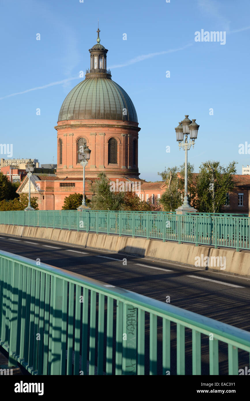 Pont Saint Pierre Bridge over the Garonne River & the Landmark Dome of Saint Joseph Chapel Toulouse France Stock Photo