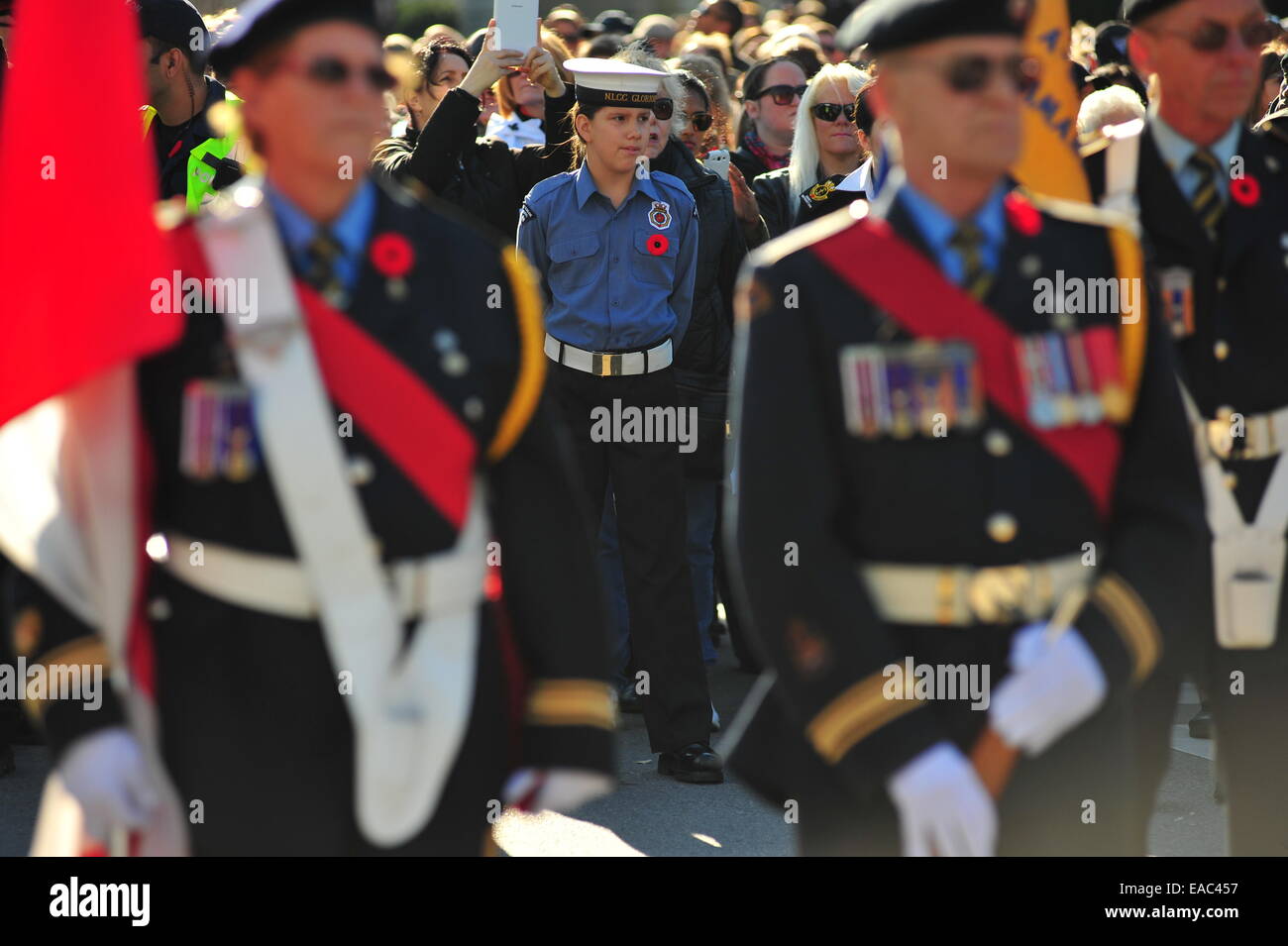 London, Ontario, Canada. 11th November, 2014. Past and present members of the Canadian armed services and members of the public gather at the Cenotaph in London, Ontario to observe Remembrance Day. On this public holiday nationwide communities hold ceremonies to pay respect to fallen soldiers. Credit:  Jonny White/Alamy Live News Stock Photo