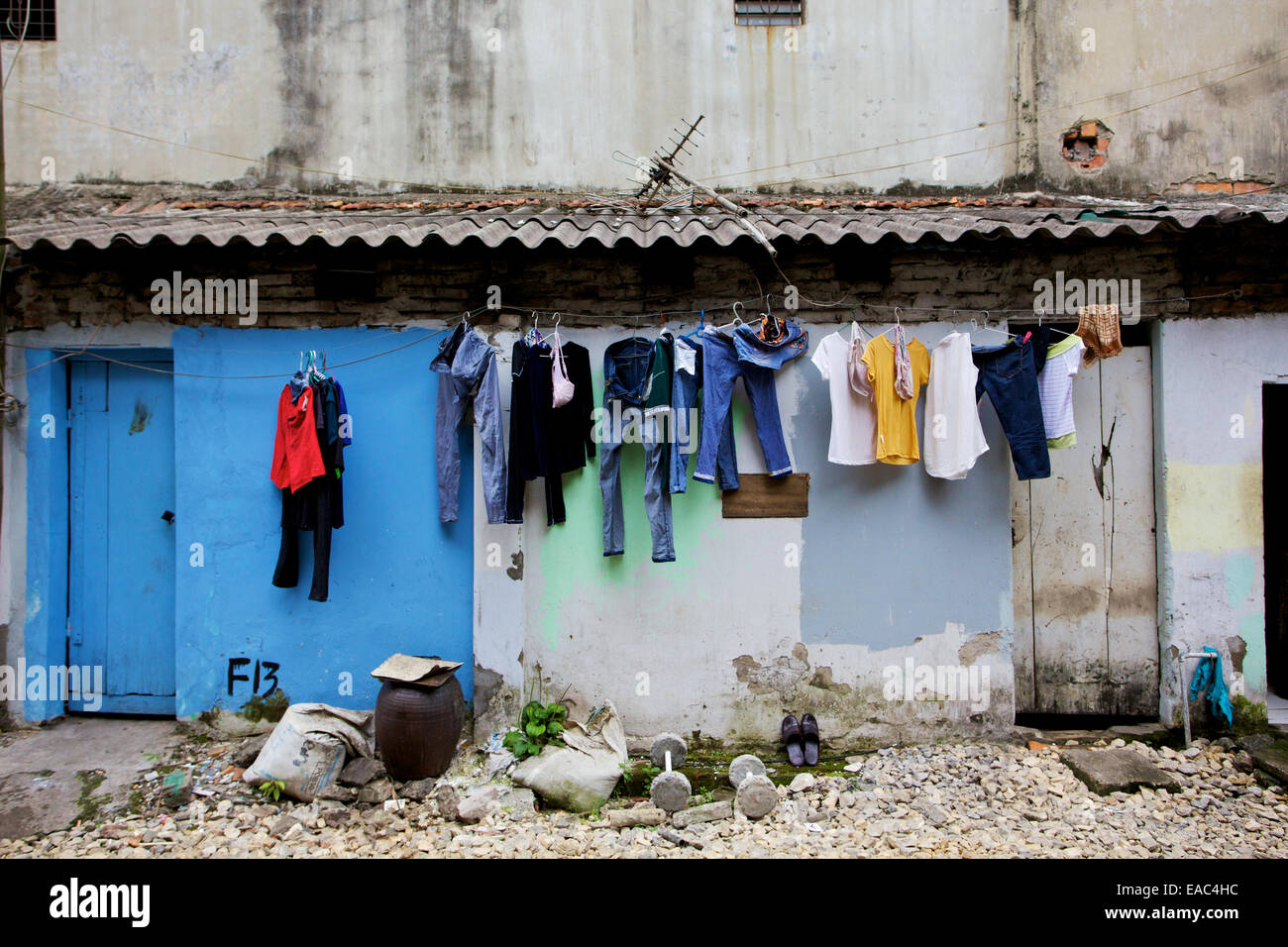 Drying clothes on a clothesline on the street in Vietnam Stock Photo
