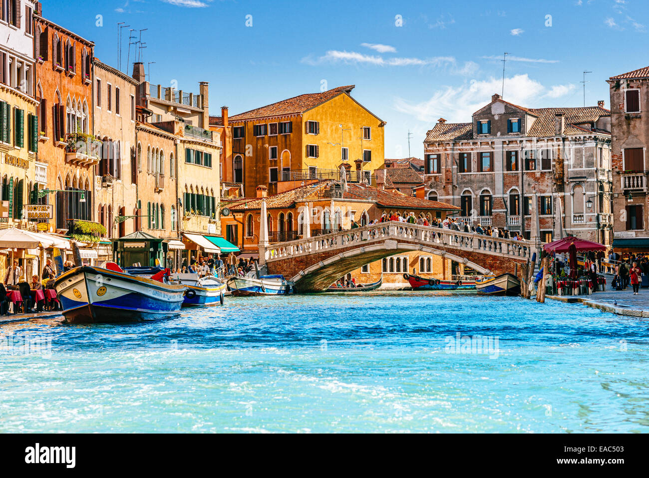 VENICE, ITALY - 26 OCTOBER 2014: Ponte delle Guglie (Bridge of Spires) in Venice, Italy. It is the only bridge in Venice adorned Stock Photo