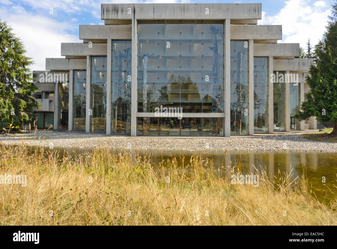Rear view of Museum of Anthropology building, grounds, and reflecting pool Stock Photo