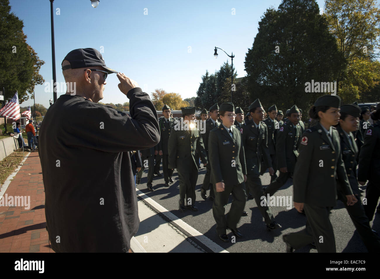 Marietta, GA, USA. 11th Nov, 2014. High school JROTC groups march in