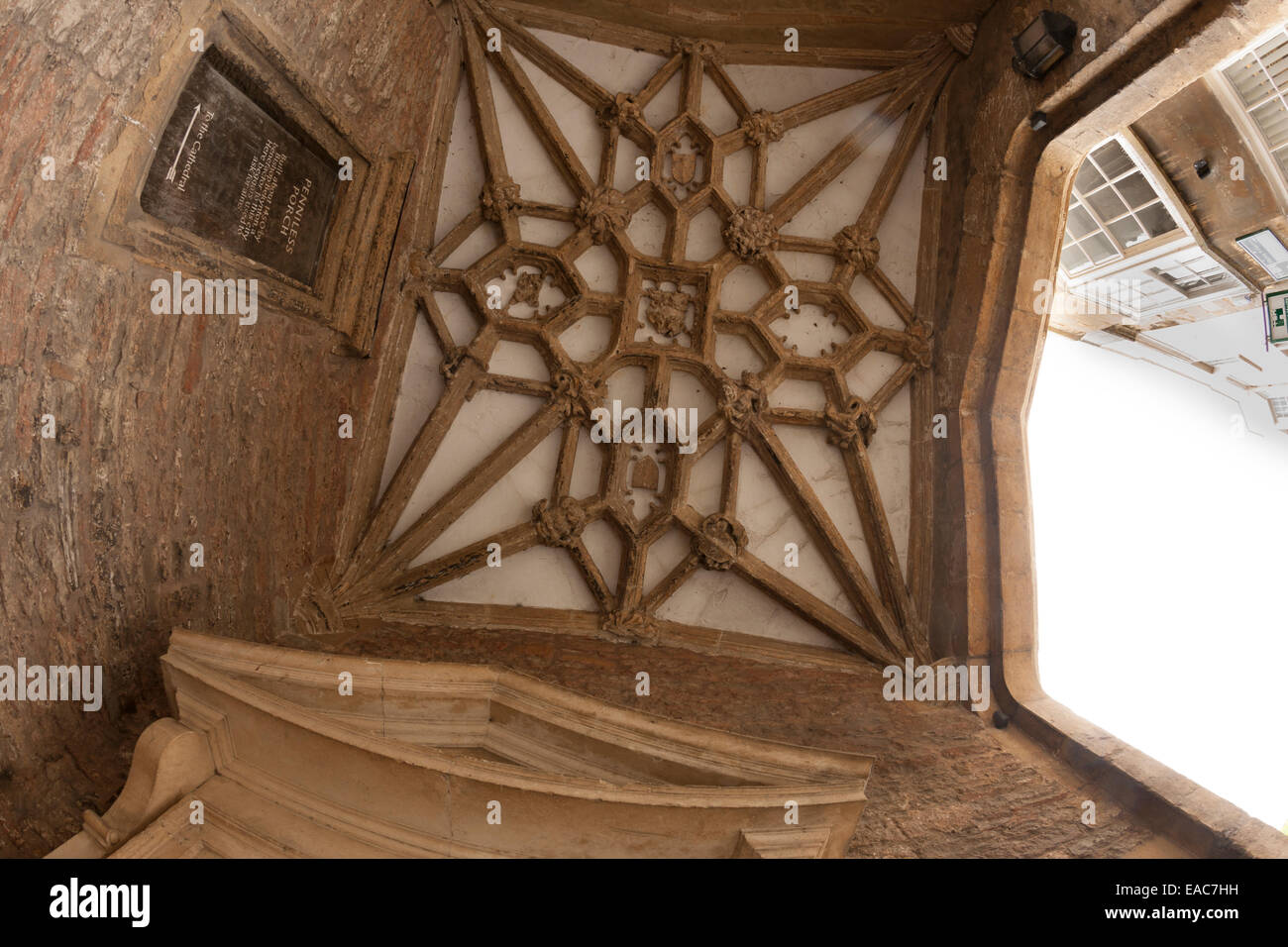 The stone vaulted ceiling of Penniless Porch in Wells, Somerset Stock Photo