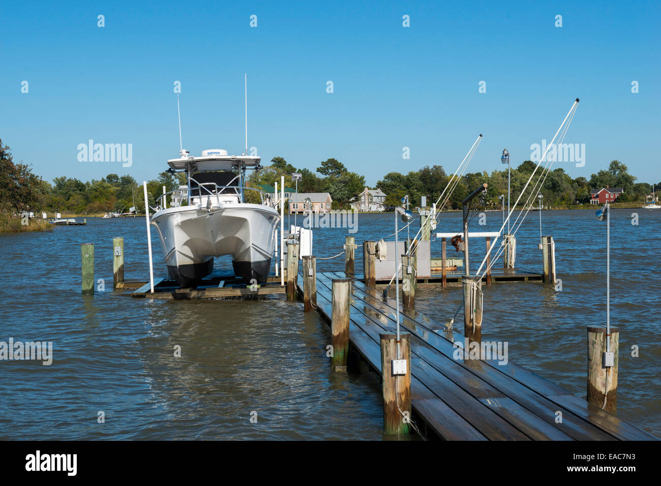 A boat dock at the end of Black Walnut Point Road on Tilghman Island in Maryland USA Stock Photo