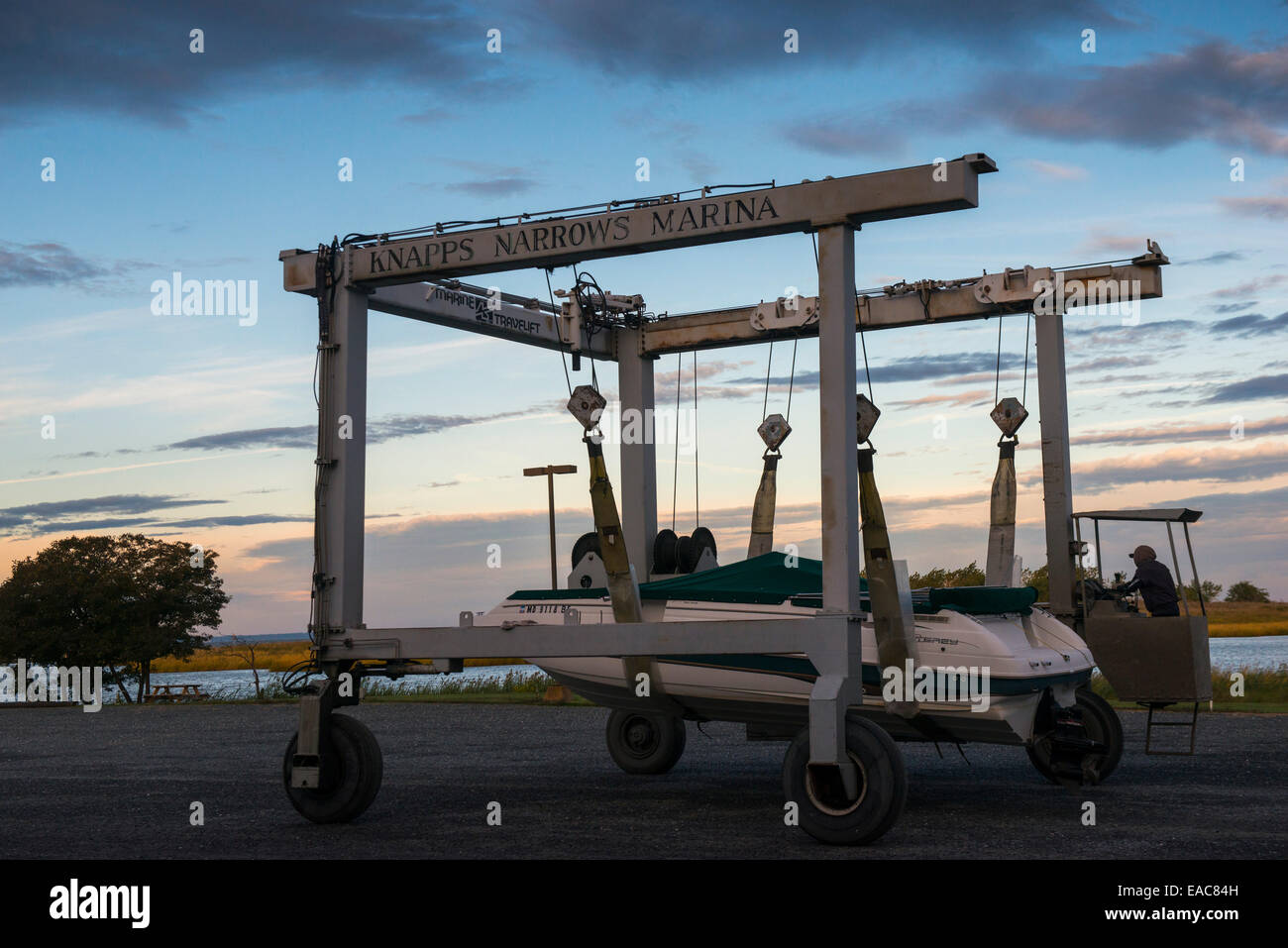 A boat crane at Knapps Narrows Marina, Tilghman Island Maryland USA