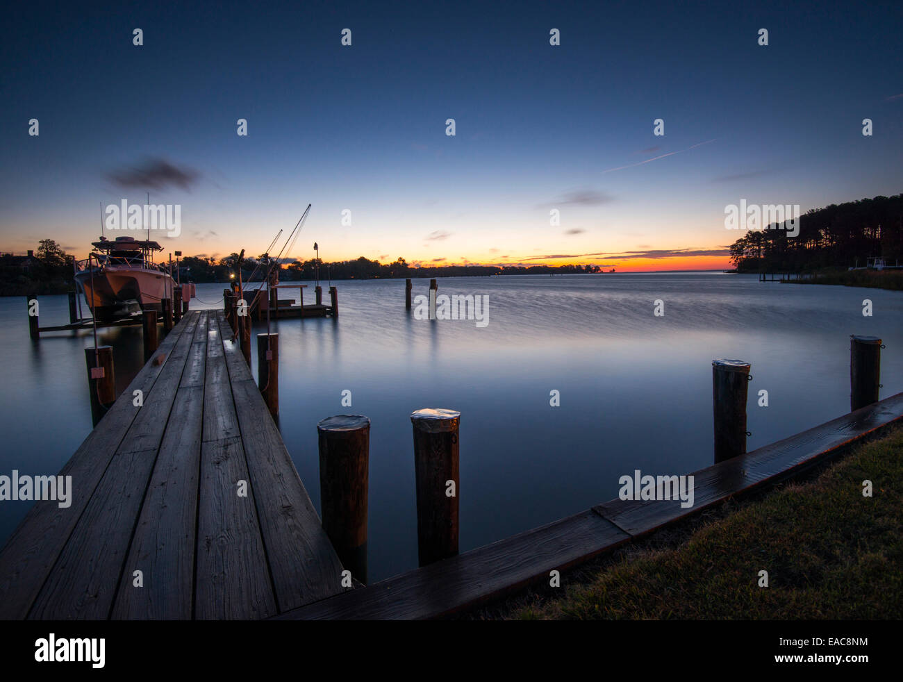 Sunrise blue hour by the dock of property on Tilghman Island, Talbot County Maryland USA Stock Photo