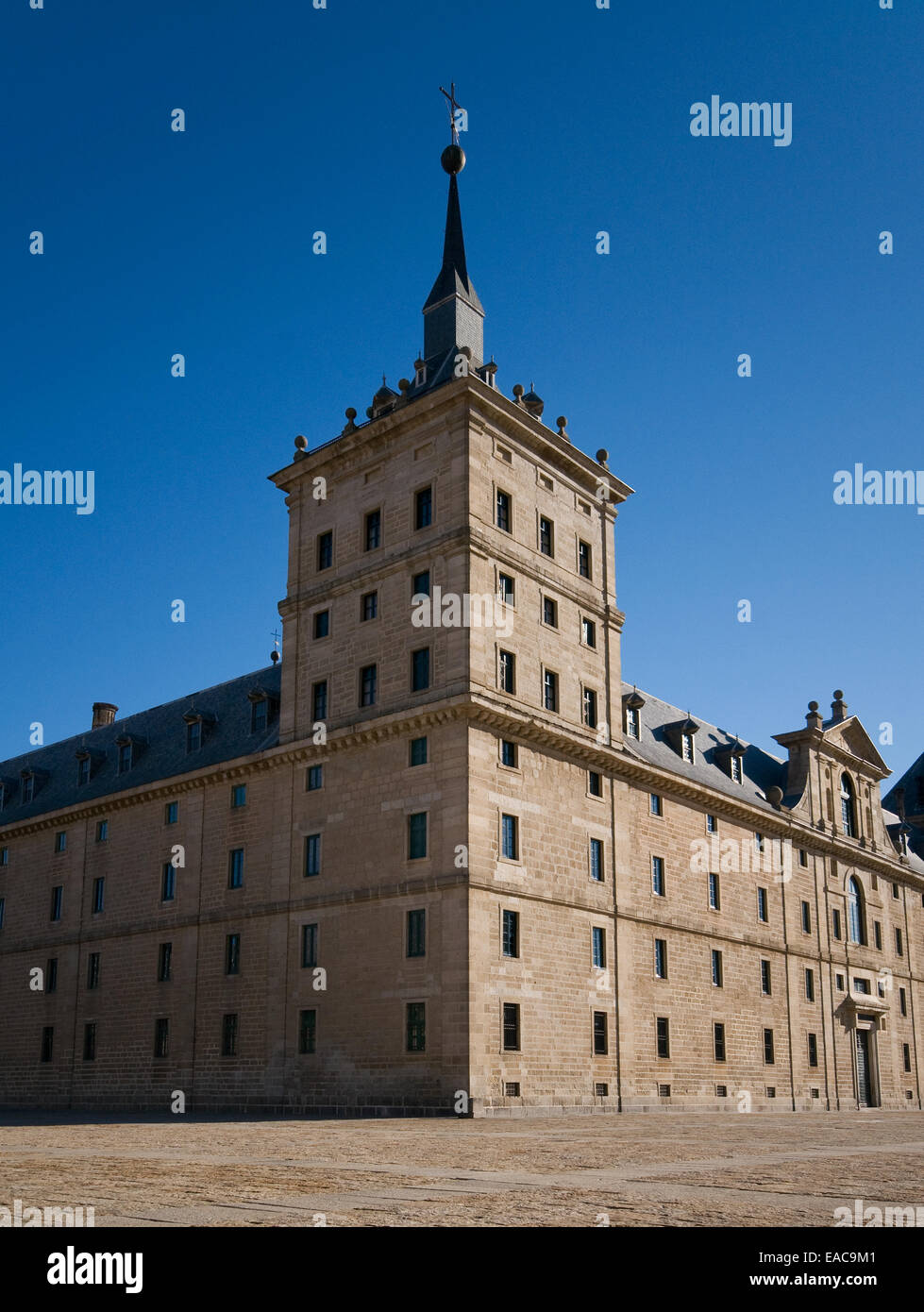 Royal Monastery of San Lorenzo de El Escorial. Madrid, Spain. Principal facade or De los Reyes Facade. Tower detail. Stock Photo