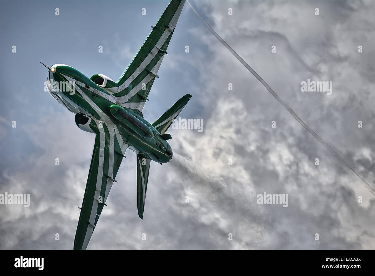 BAe Hawk Mk65 of the Saudi Hawks Display team in flight. Front under view Stock Photo