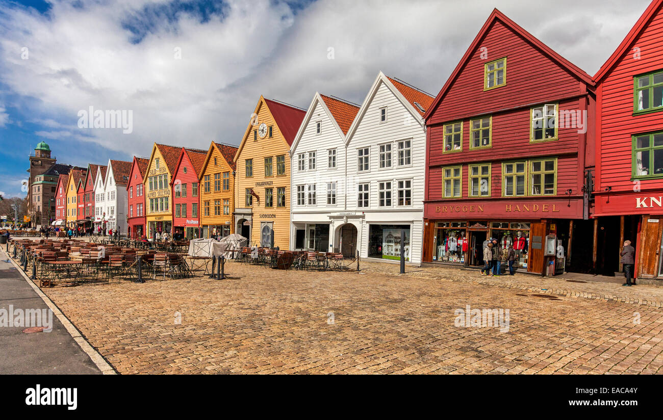 Bryggen, the old quay area in Bergen, on a sunny May afternoon.  It is now a World Cultural Heritage site. Stock Photo
