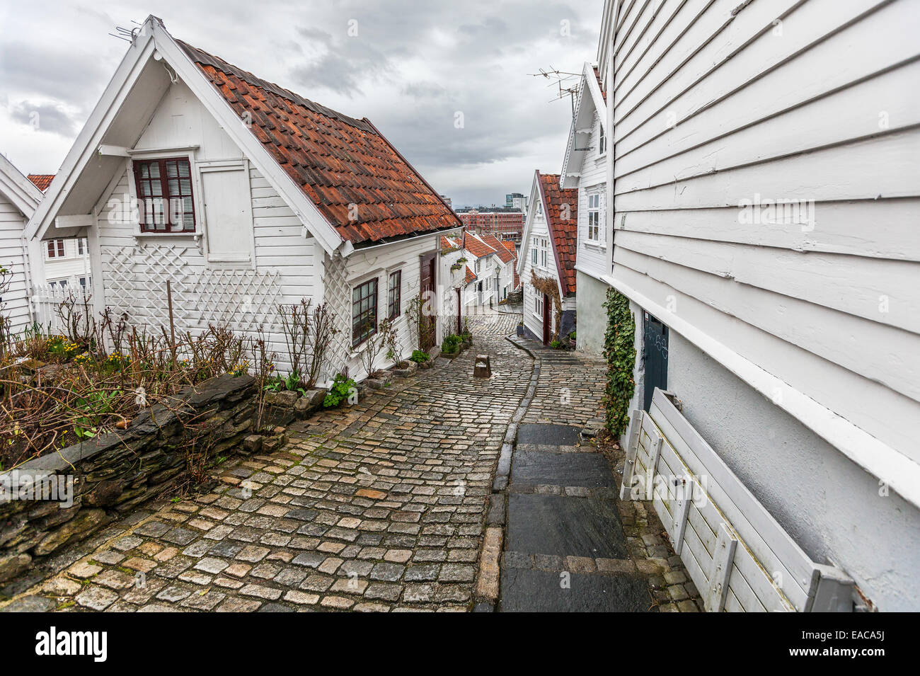 The award winning 18th century fishing village of Old Stavanger in Norway comprising 173 mainly white wooden buildings. Stock Photo