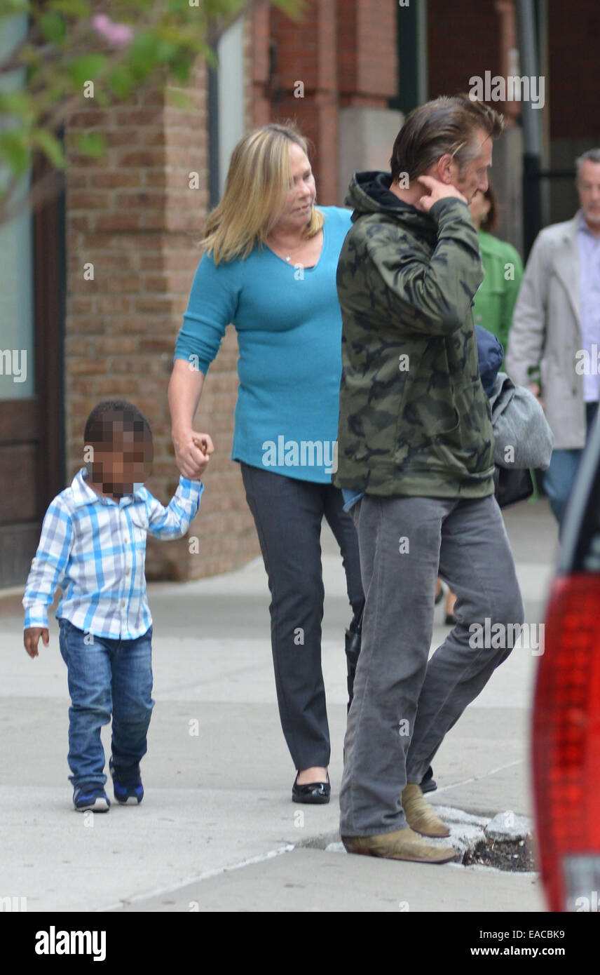 Sean Penn out and about in Manhattan with Charlize Theron's son Jackson and  mother, Gerda, who has her leg in a brace Featuring: Sean Penn,Jackson  Theron,Gerda Jacoba Aletta Maritz Where: New York