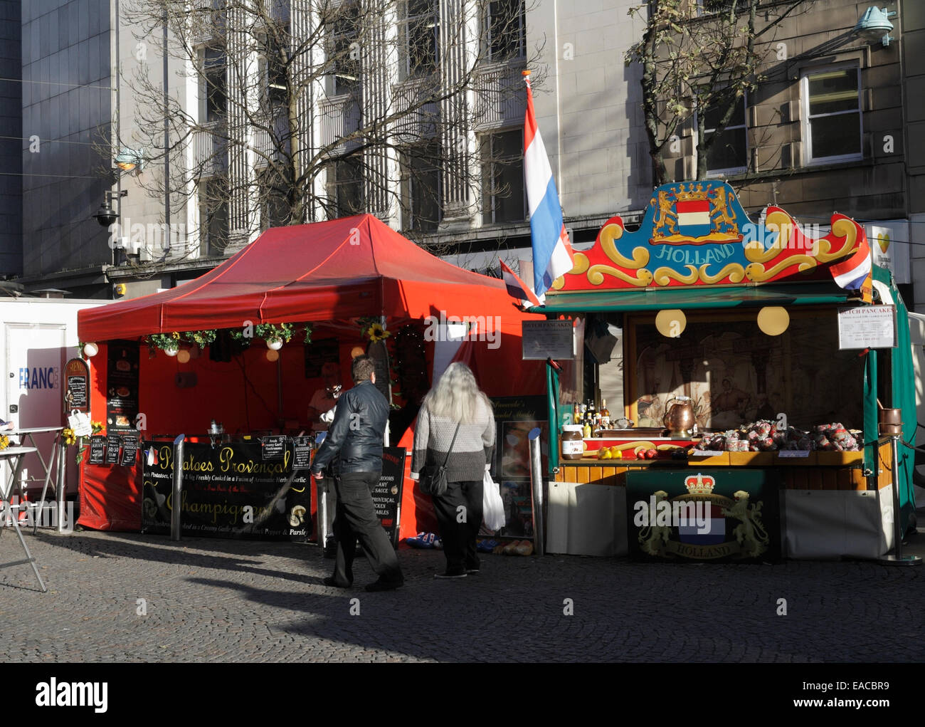 Scene from a continental food market on Fargate, Sheffield city centre. England UK Food stalls Stock Photo