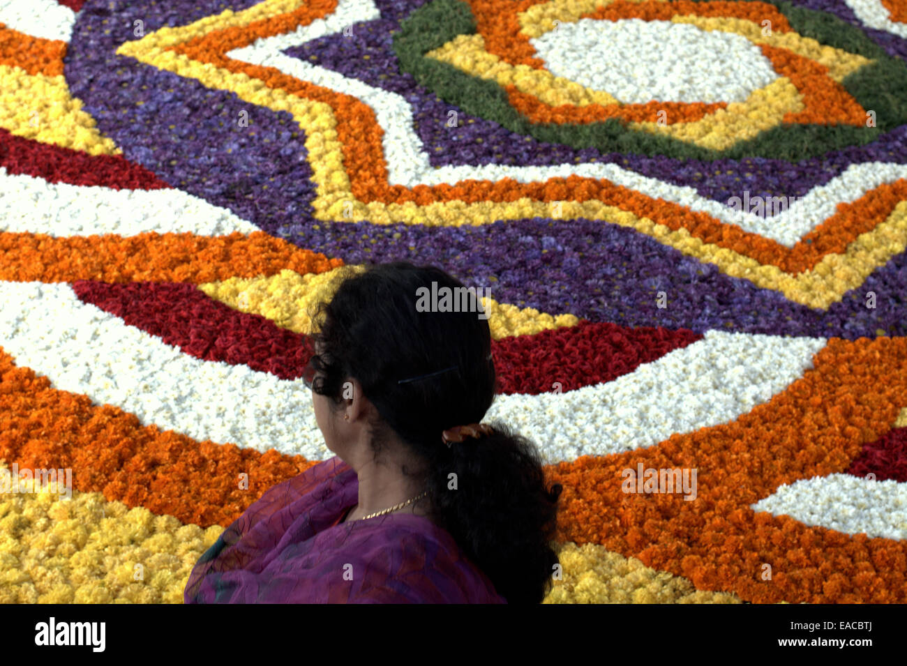 Woman looking at giant Pookalam floral flower carpet during the Onam