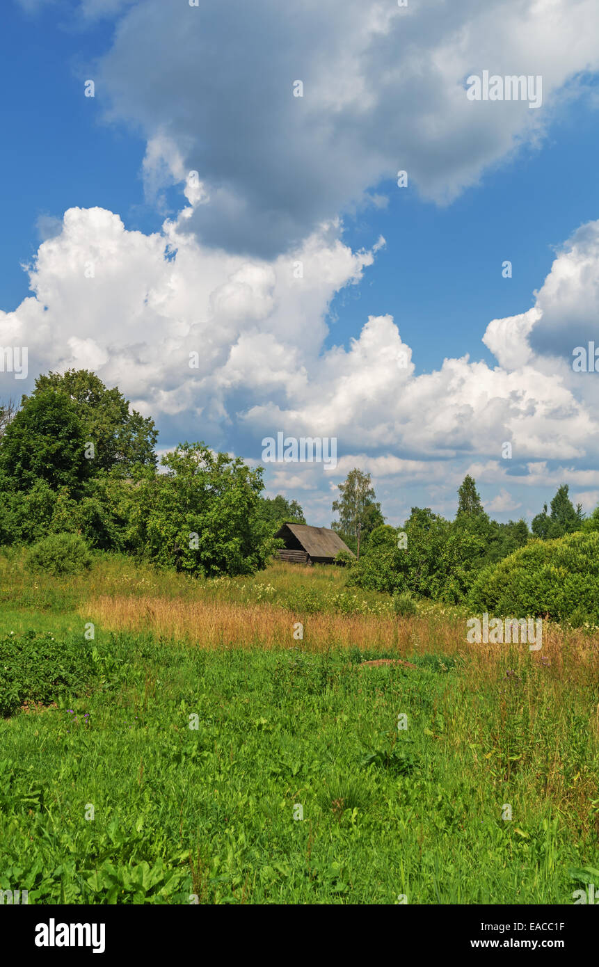 Rural field, house, garden and cloudy sky Stock Photo - Alamy