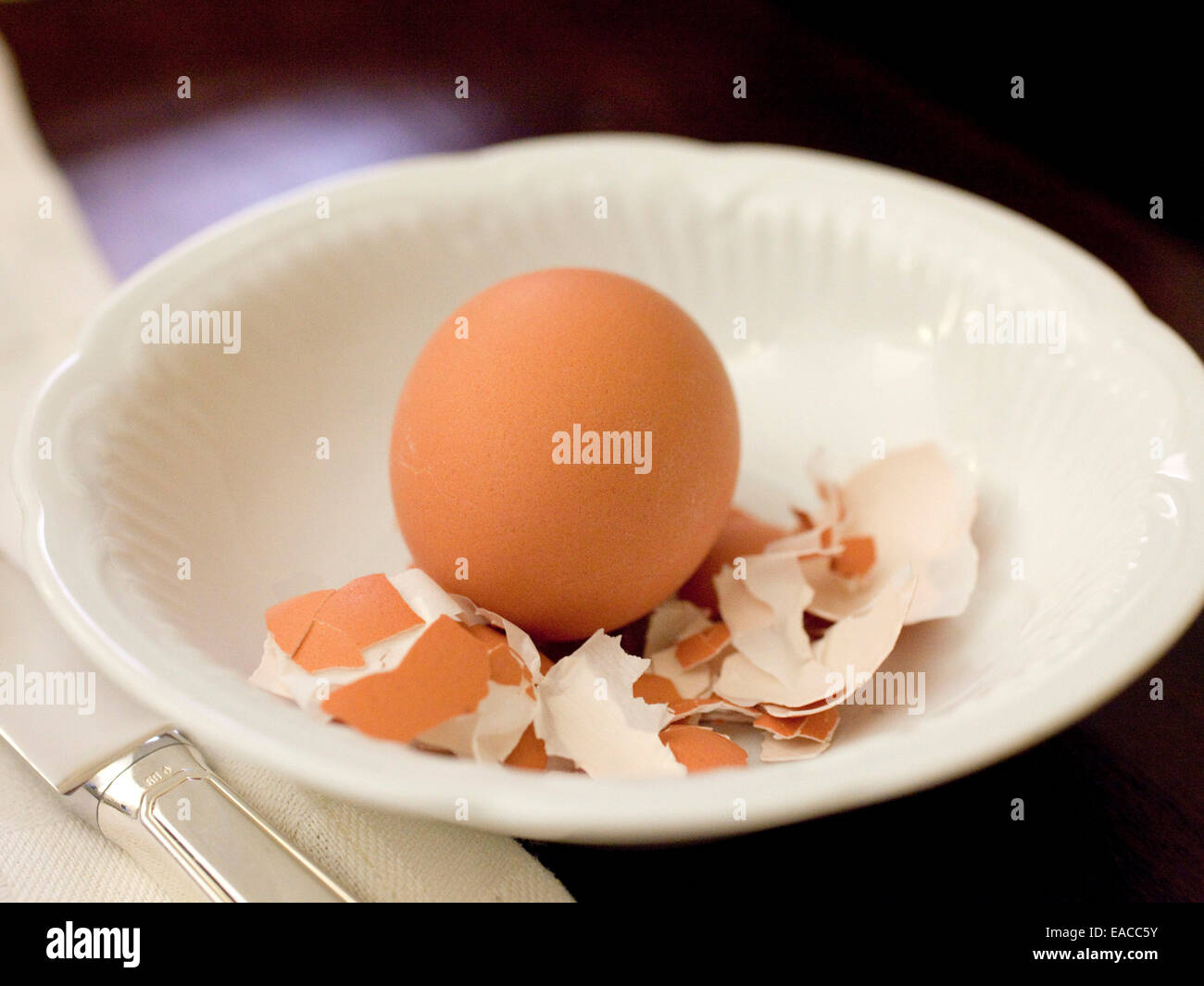 hard boiled eggs and shells in dish Stock Photo