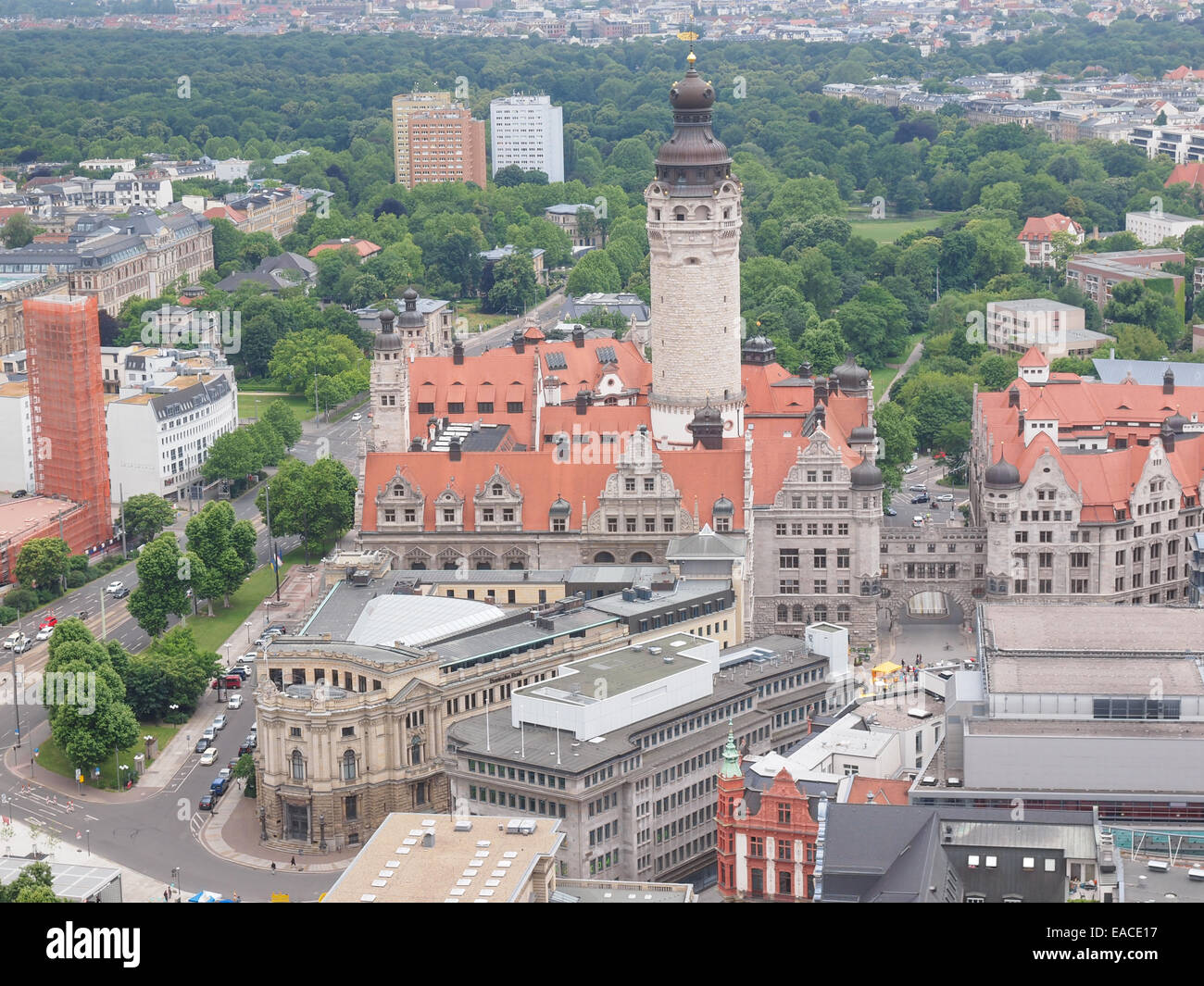 Aerial view of the city of Leipzig in Germany with the Neue Rathaus new council hall Stock Photo