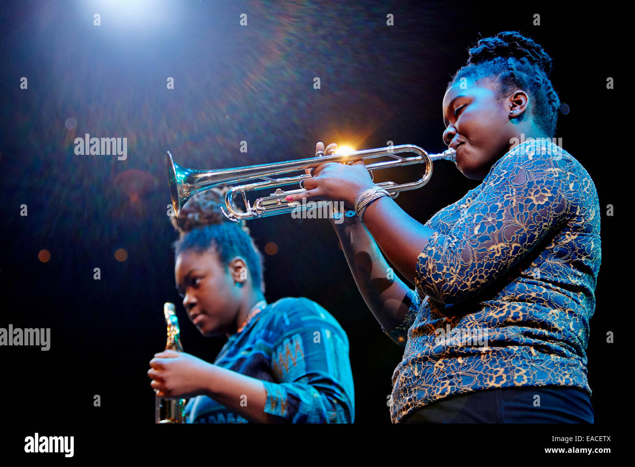 LONDON, UK. 11th Nov, 2014. Tomorrow's Warriors Female Collective from London perform their own composition 'Midnight' at the Music for Youth Schools Prom 2014 at the Royal Albert Hall. Credit:  Alick Cotterill/Alamy Live News Stock Photo