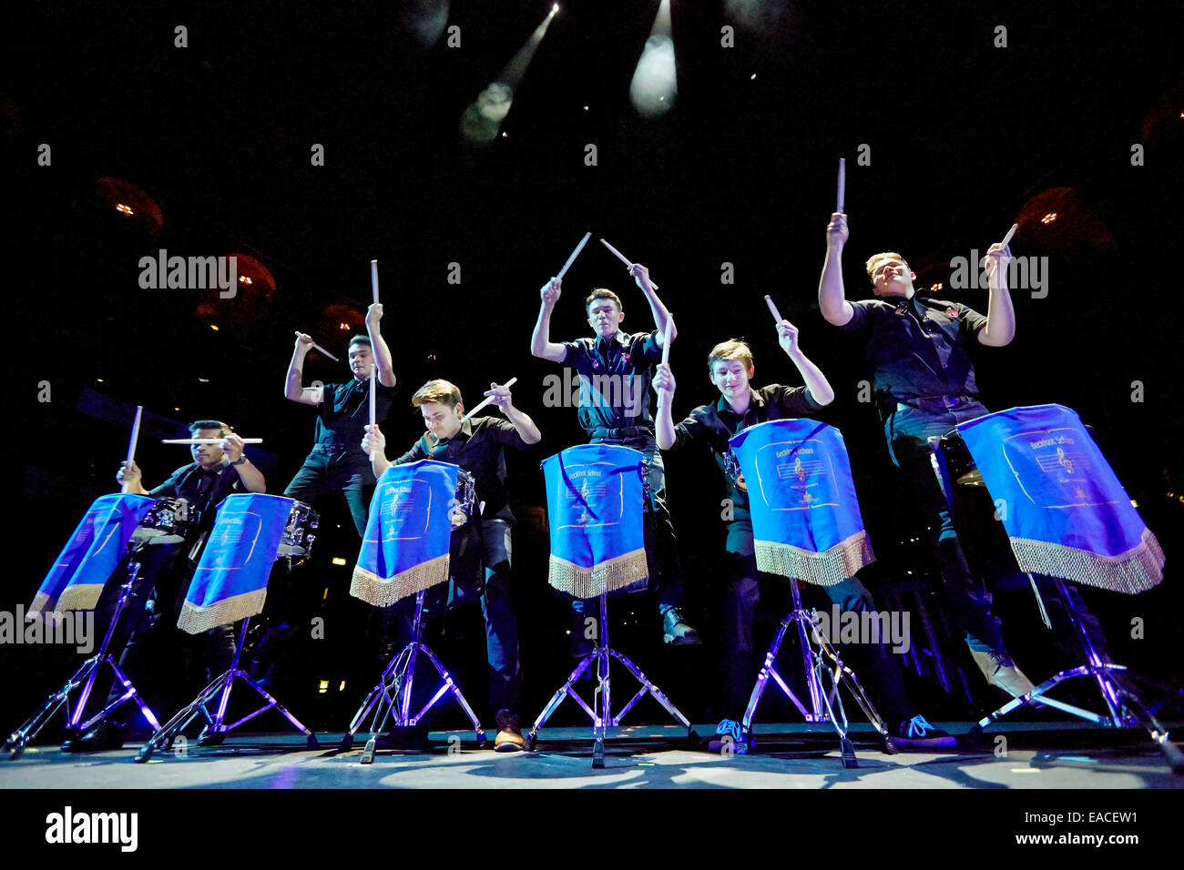 LONDON, UK. 11th Nov, 2014. Beckfoot Drumline from West Yorkshire wowing audiences with their drumming skills at the Music for Youth Schools Prom 2014 at the Royal Albert Hall. Credit:  Alick Cotterill/Alamy Live News Stock Photo