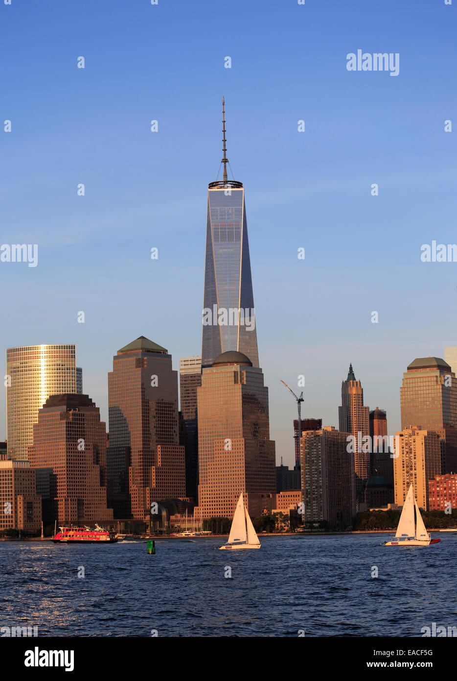View of lower Manhattan and Freedom Tower at sunset from Liberty State Park Jersey City New Jersey Stock Photo