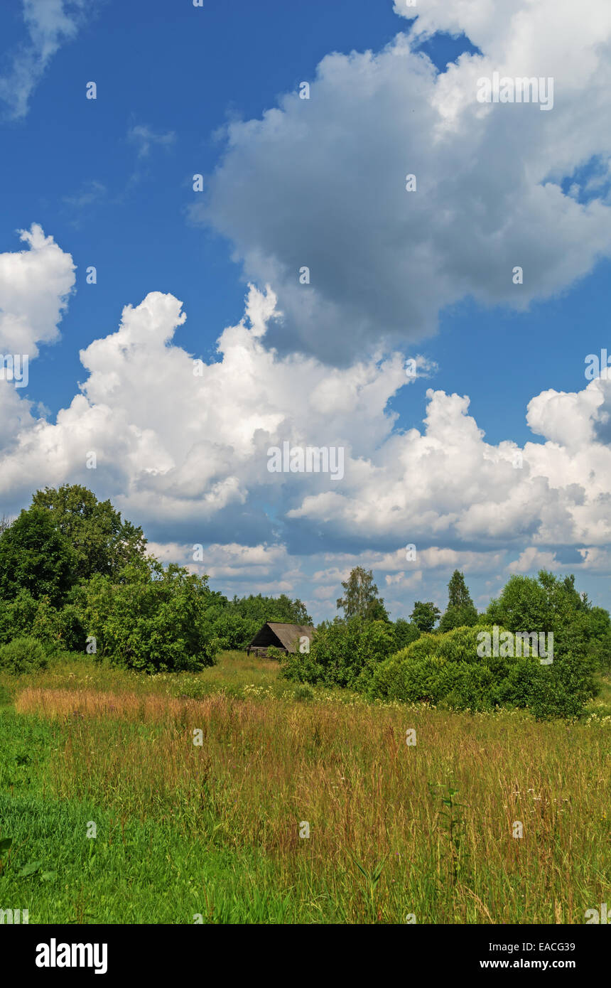 Rural field, house and cloudy sky Stock Photo - Alamy