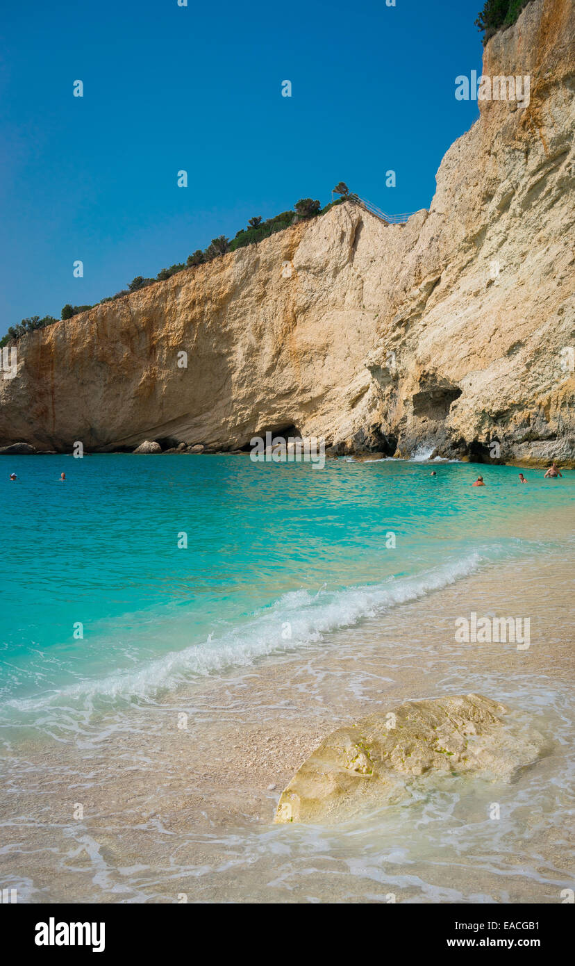 Porto Katsiki (Πόρτο Κατσίκι 'goat port') on the Ionian Sea island of Lefkada is a beach. Stock Photo