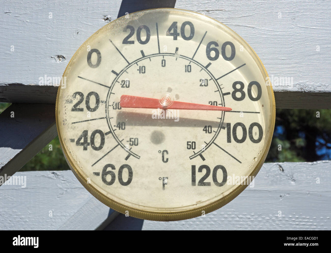 An old worn outdoor thermometer showing degrees in full sunlight Stock Photo Alamy